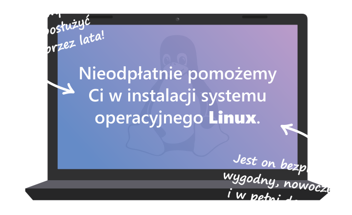 Notebook with Linux mascot on the screen
